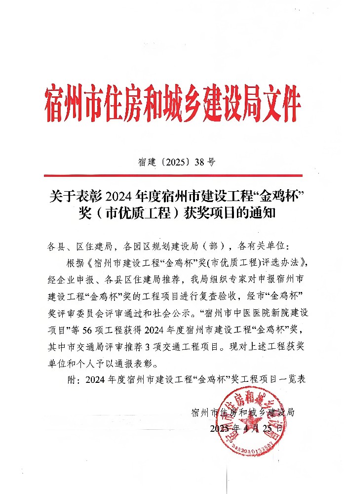 公司監(jiān)理項目斬獲宿州市“金雞杯”獎，劉斌同志榮獲“優(yōu)秀總監(jiān)理工程師”榮譽